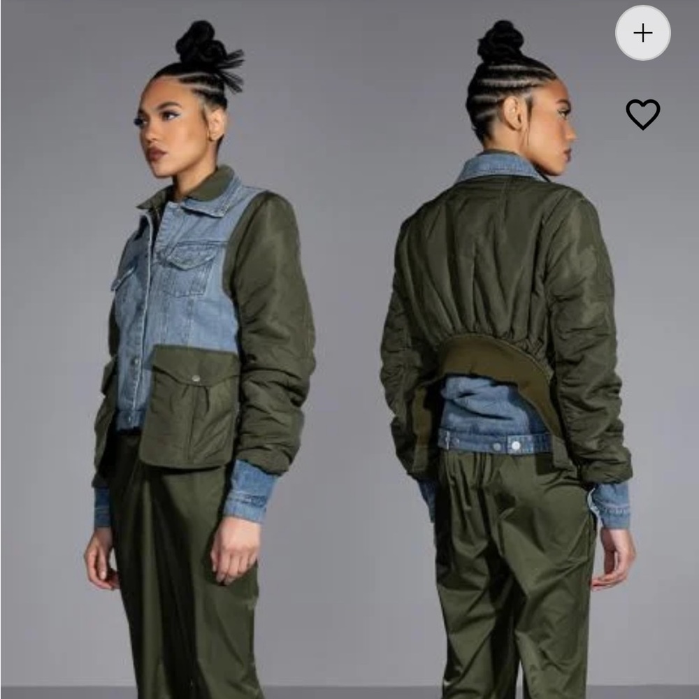 Color Block Denim Green Bomber Jacket